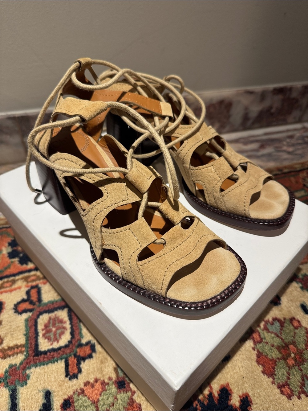 Chloe Women’s Lace-Up Suede Sandal in Tan gladiator